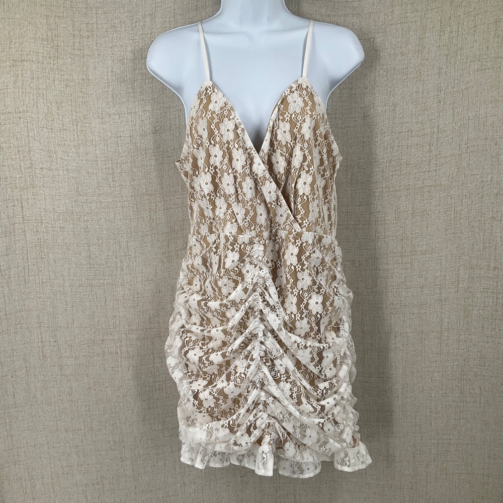 Lulus Mini Dress Womens XL White Floral Lace Ruched Ruffle Bodycon Coquette Date